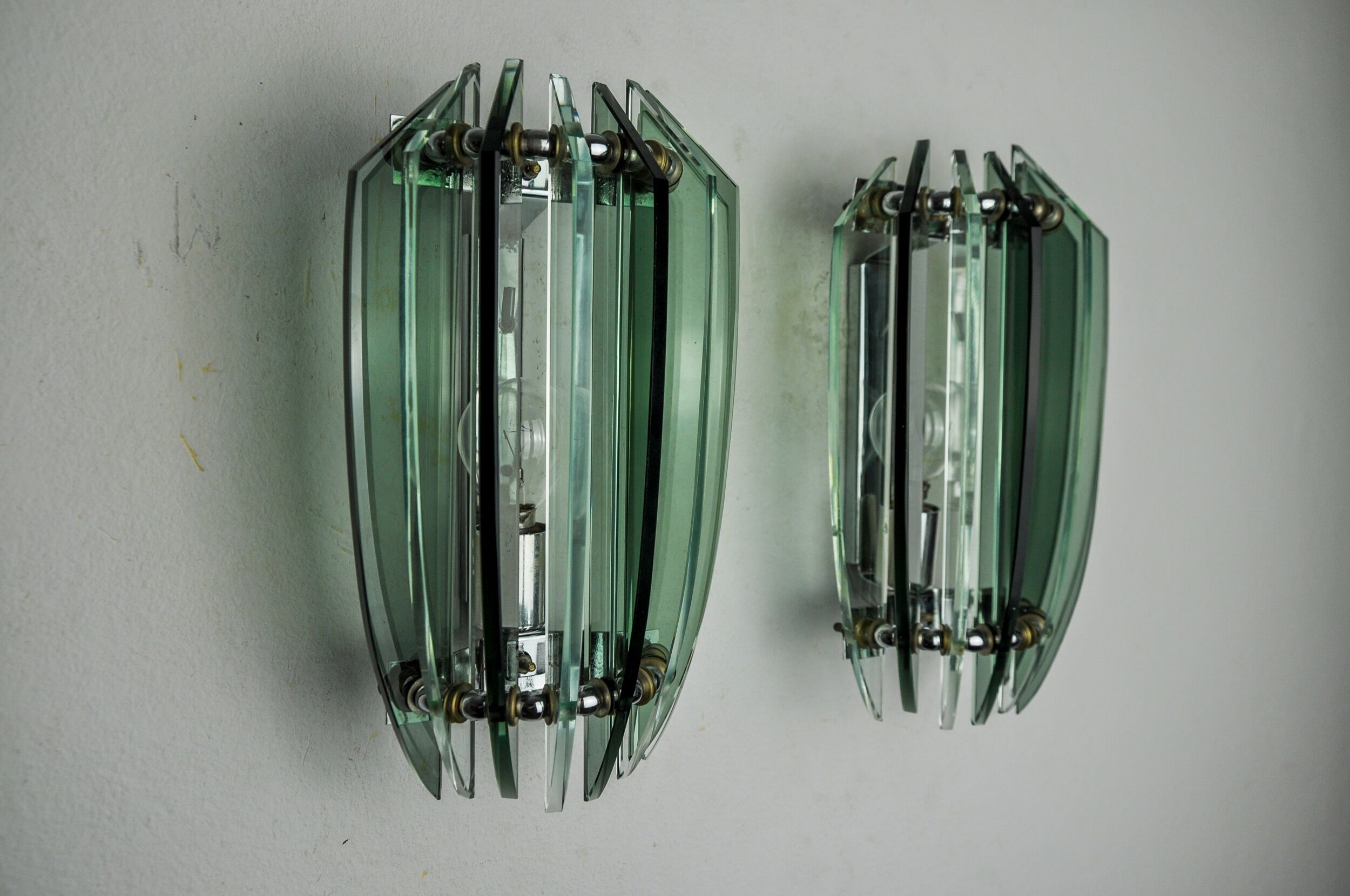 Pair of veca bicolor wall lamps, green murano glass, italy 1970