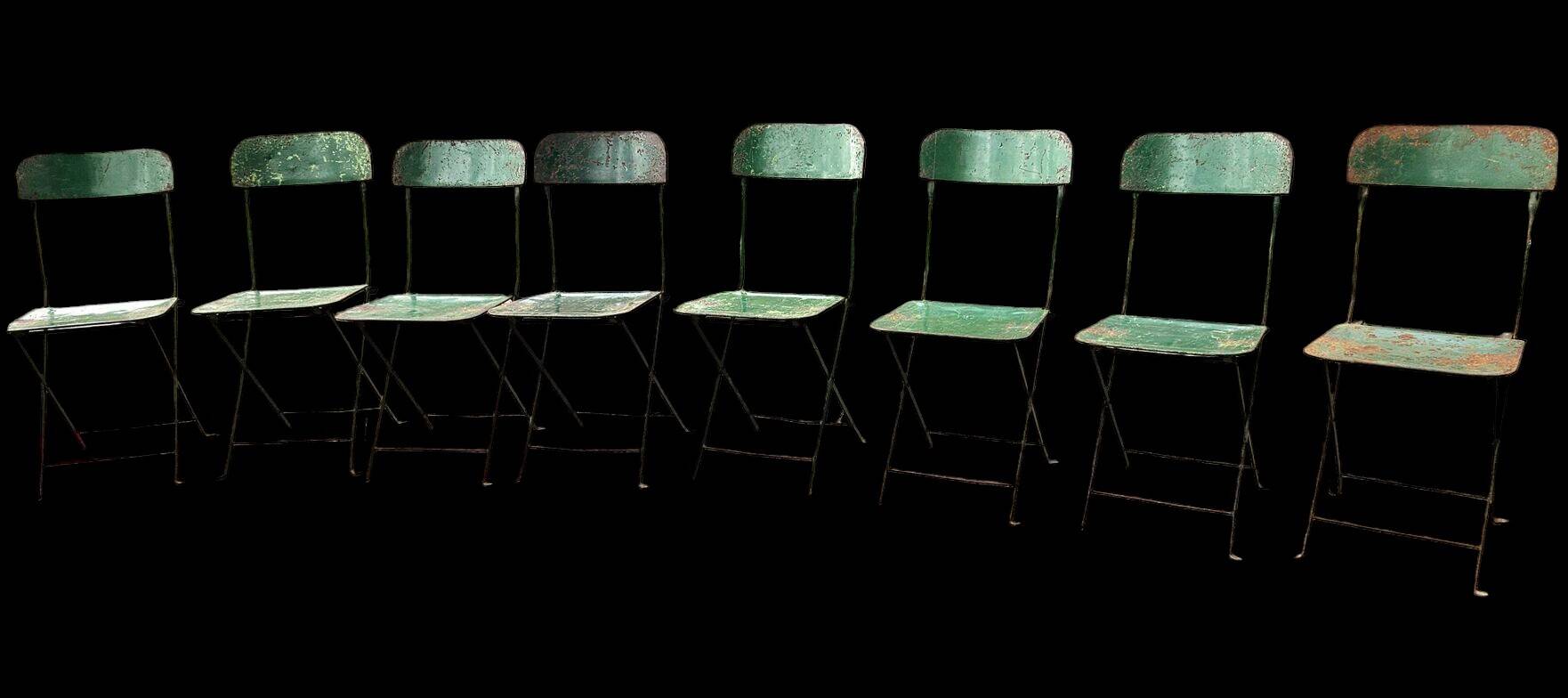 Set of 8 industrial folding chairs in green painted metal