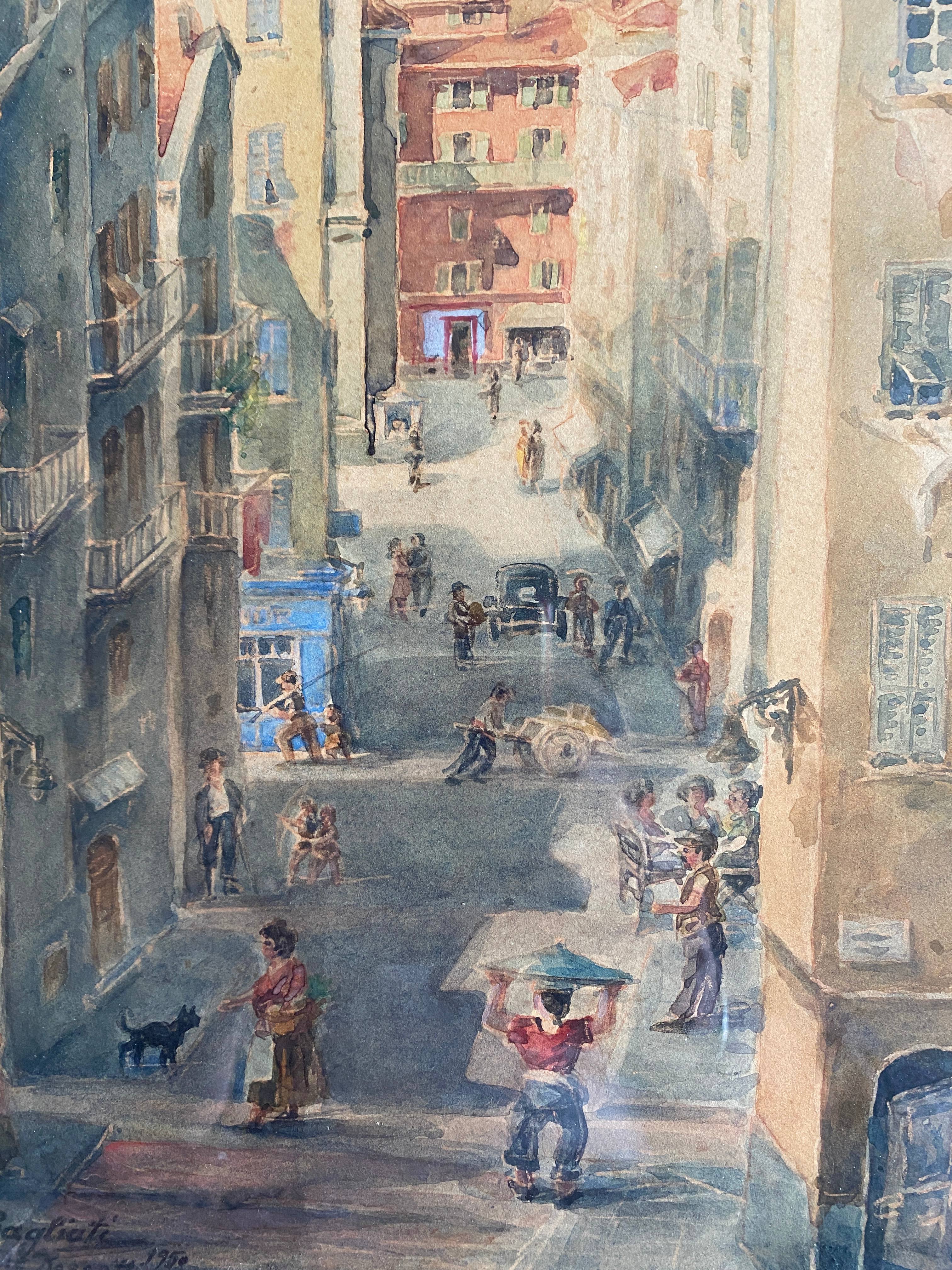 Watercolor painting p. rabagliati rue rossetti old nice 1950 + frame