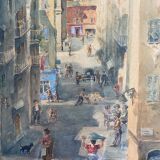 Watercolor painting p. rabagliati rue rossetti old nice 1950 + frame
