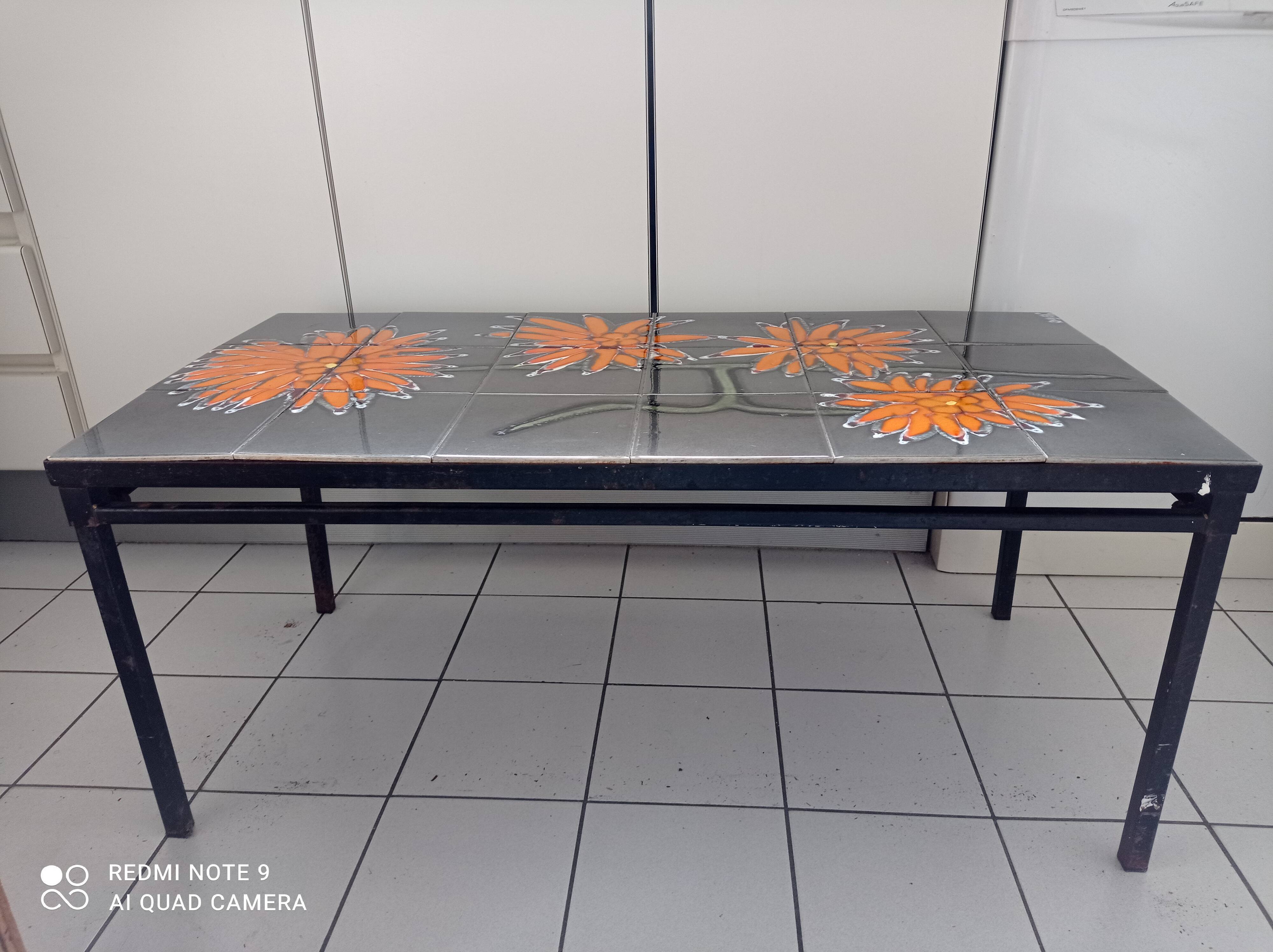 Coffee table vintage ceramist adri ceramic and metal vallauris dahlias 1960