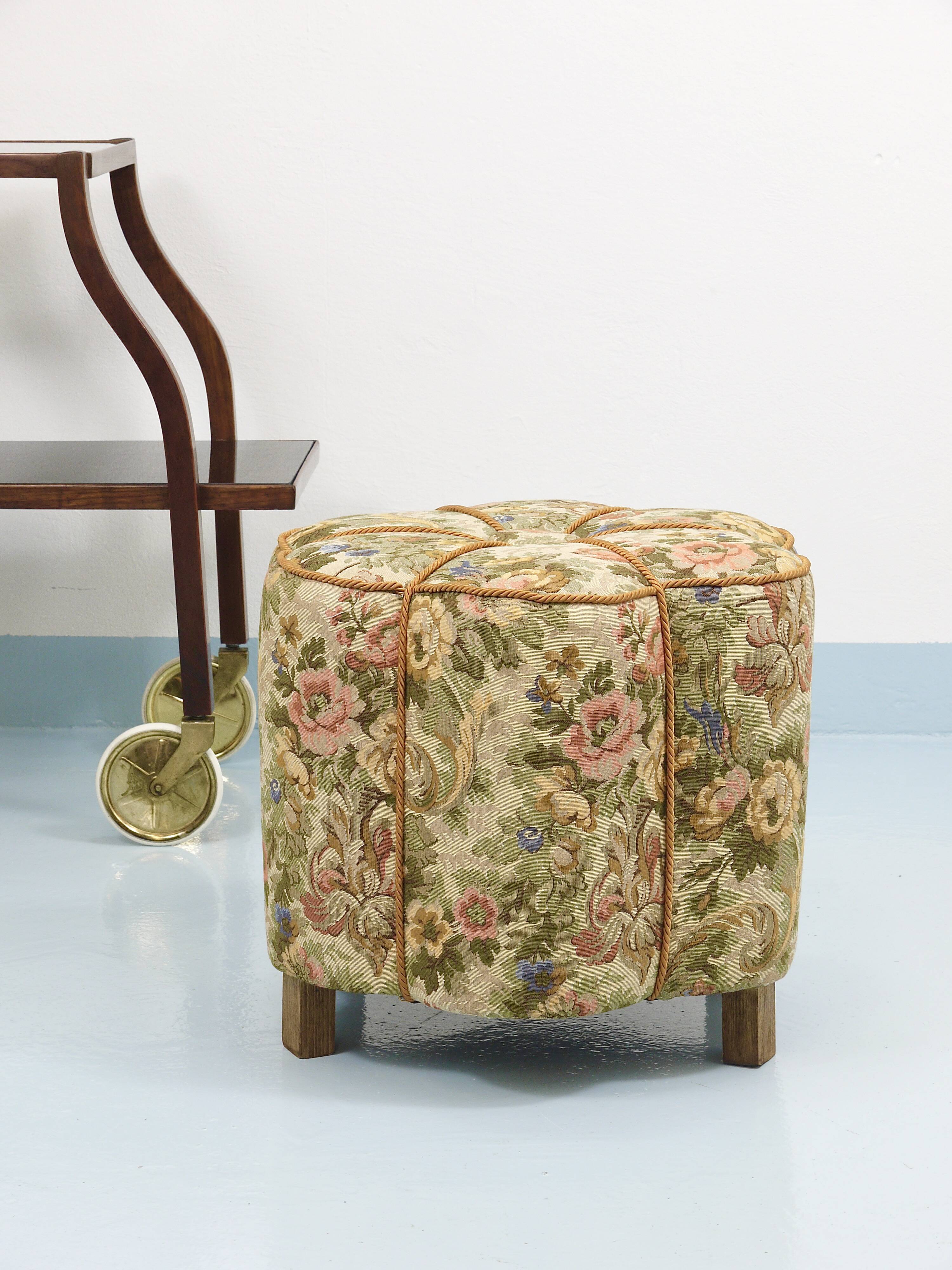 Art Deco Floral Tapestry Stool, Tabouret, Pouf, Ottoman, Vienna, Austria, 1