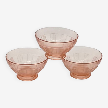 Trio of old / vintage Duralex France bowls, pink