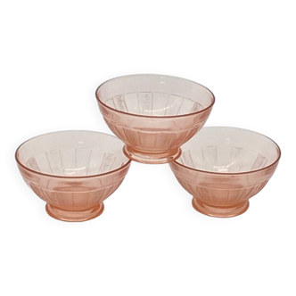 Trio of old / vintage Duralex France bowls, pink