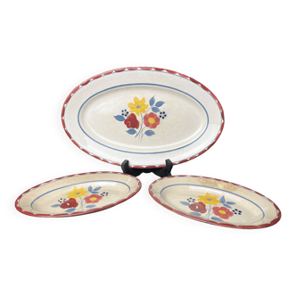 Art déco, un plat et deux raviers faïence Salins vers 1940