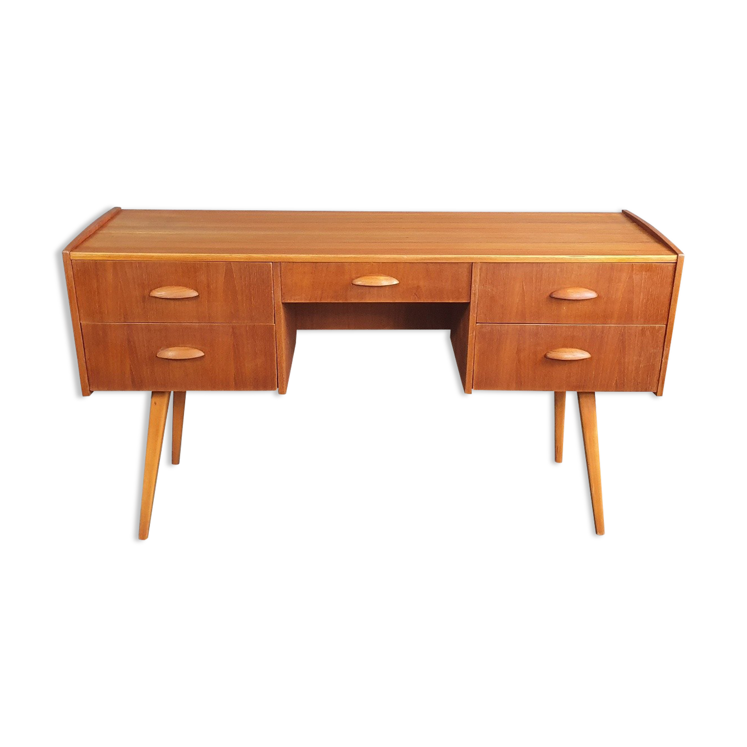 Vintage teak desk with 5 drawers, Restored, Norway 1960