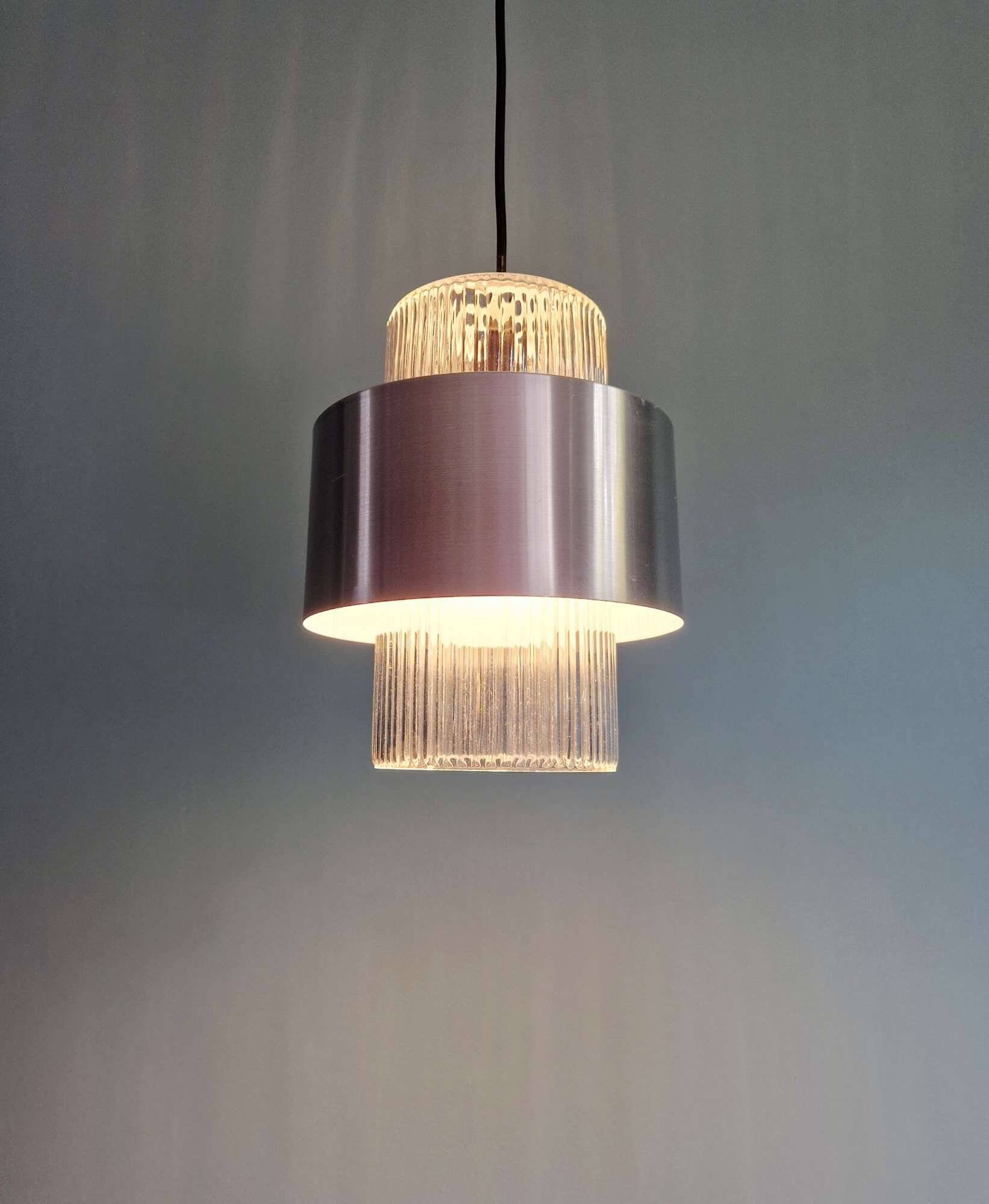 Scandinavian pendant light in grooved transparent glass and brushed aluminum, 1960
