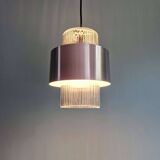 Scandinavian pendant light in grooved transparent glass and brushed aluminum, 1960