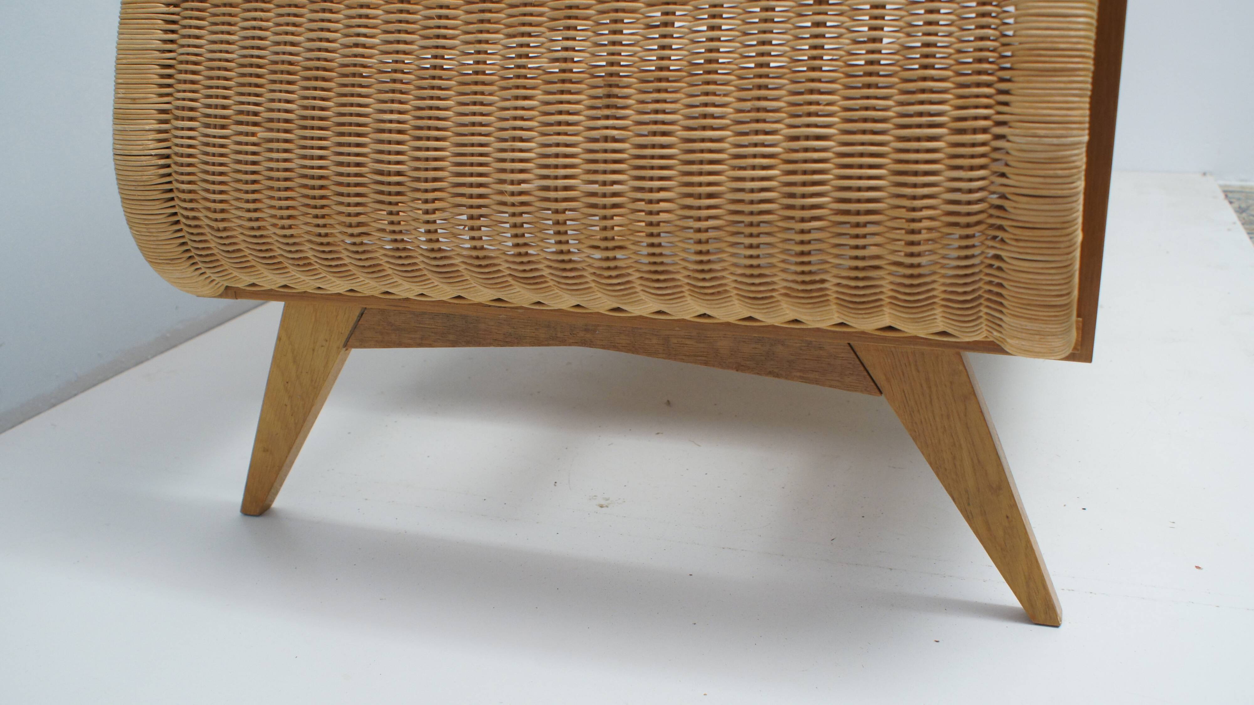 1960s oak and wicker baby bed