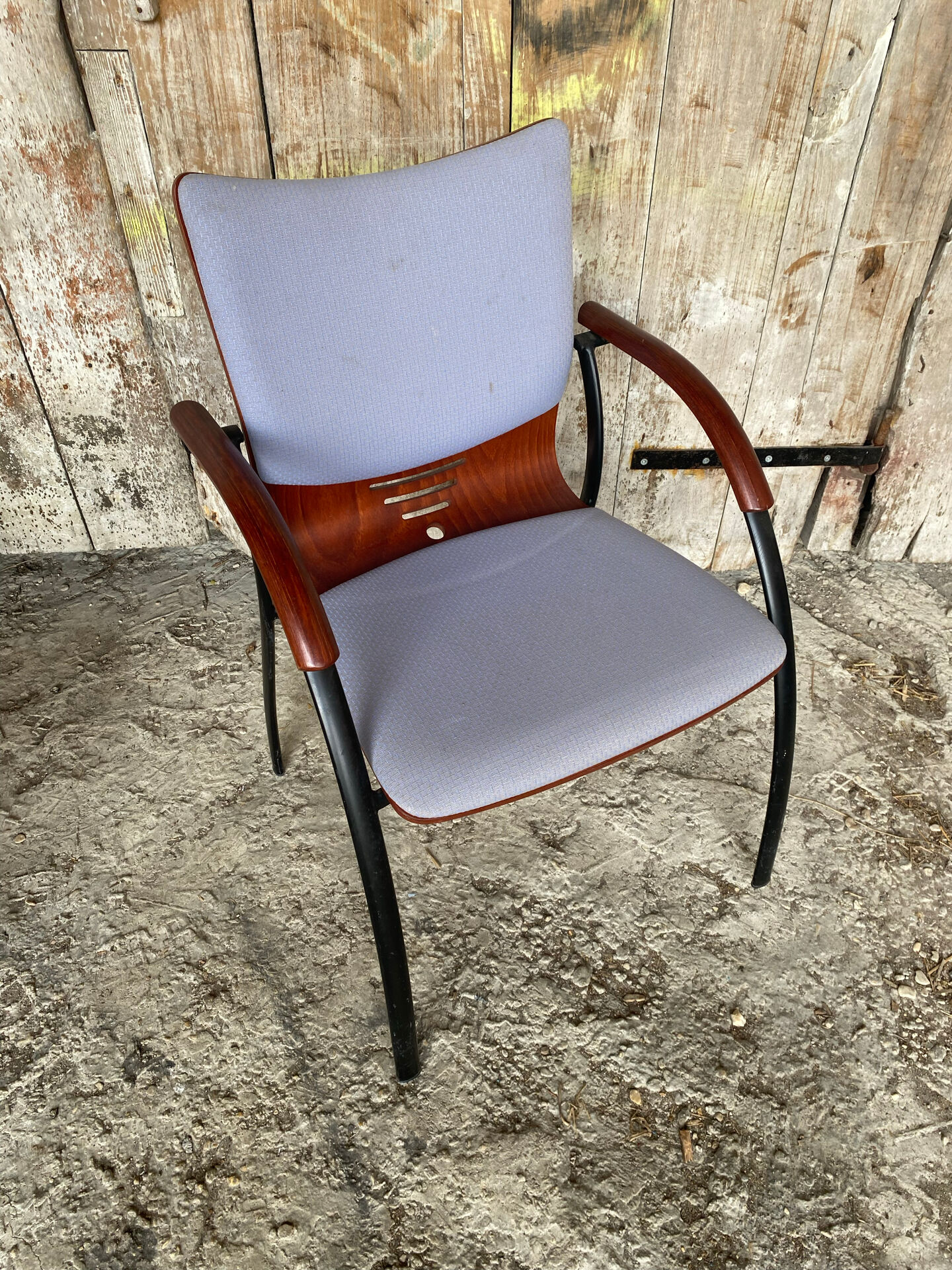 Vintage Armchair RONÉO Black Metal Legs + Dark Wood Shell + Vintage Fabric