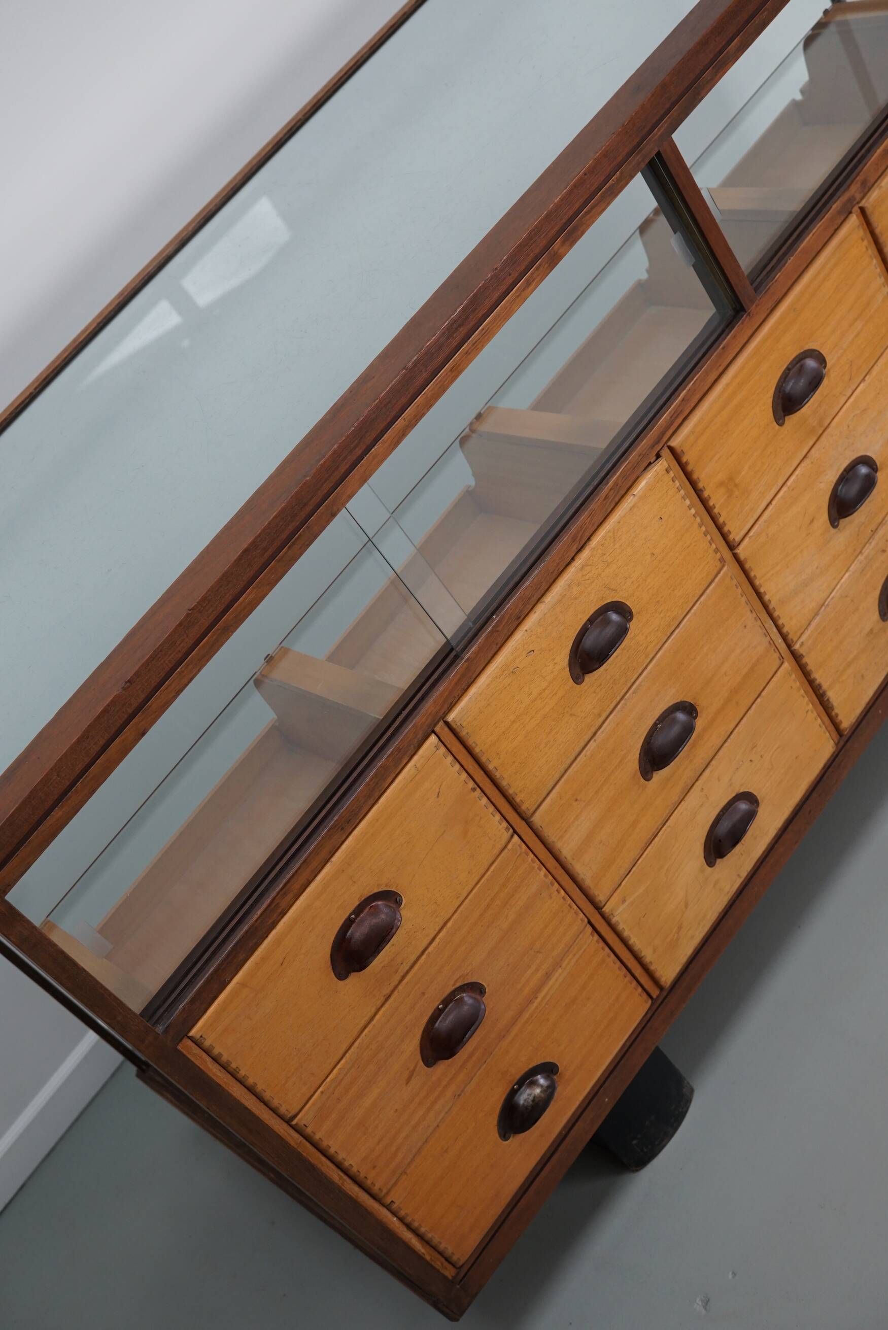 Antique British maple & hardwood haberdashery cabinet or shop counter, 1930s
