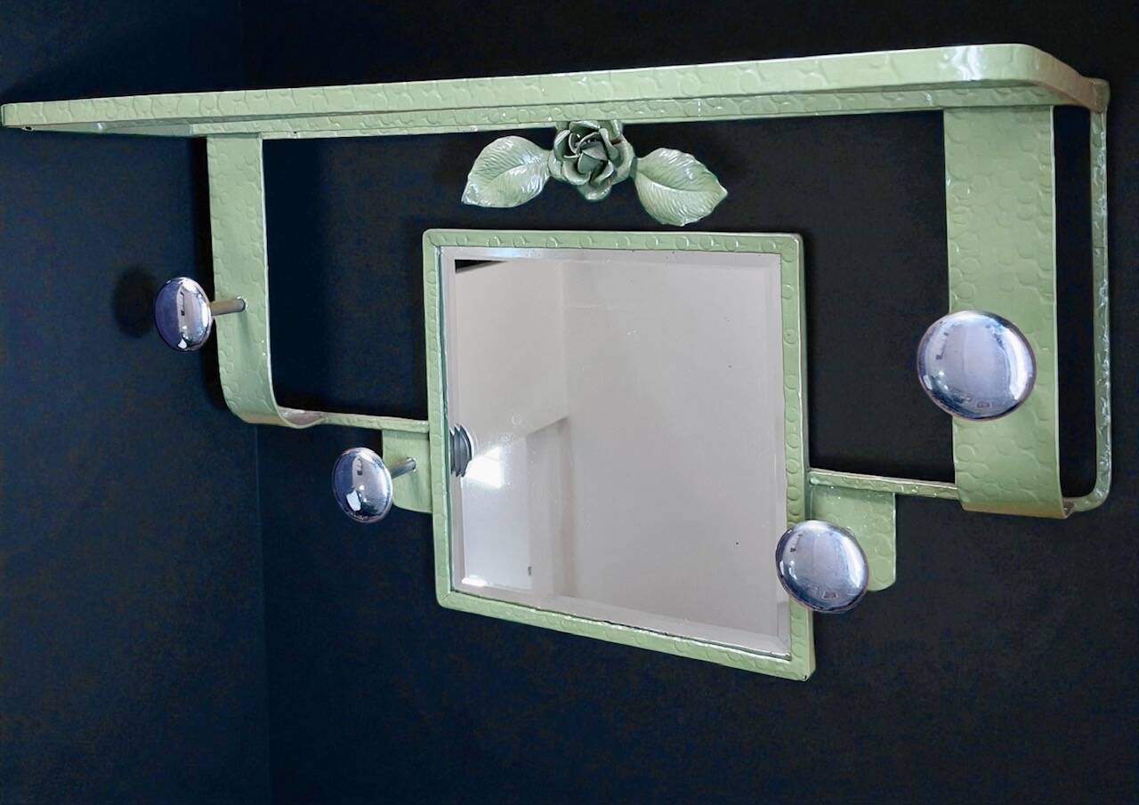 Vintage 1950s Mid Century Khaki Mirror Coat Rack