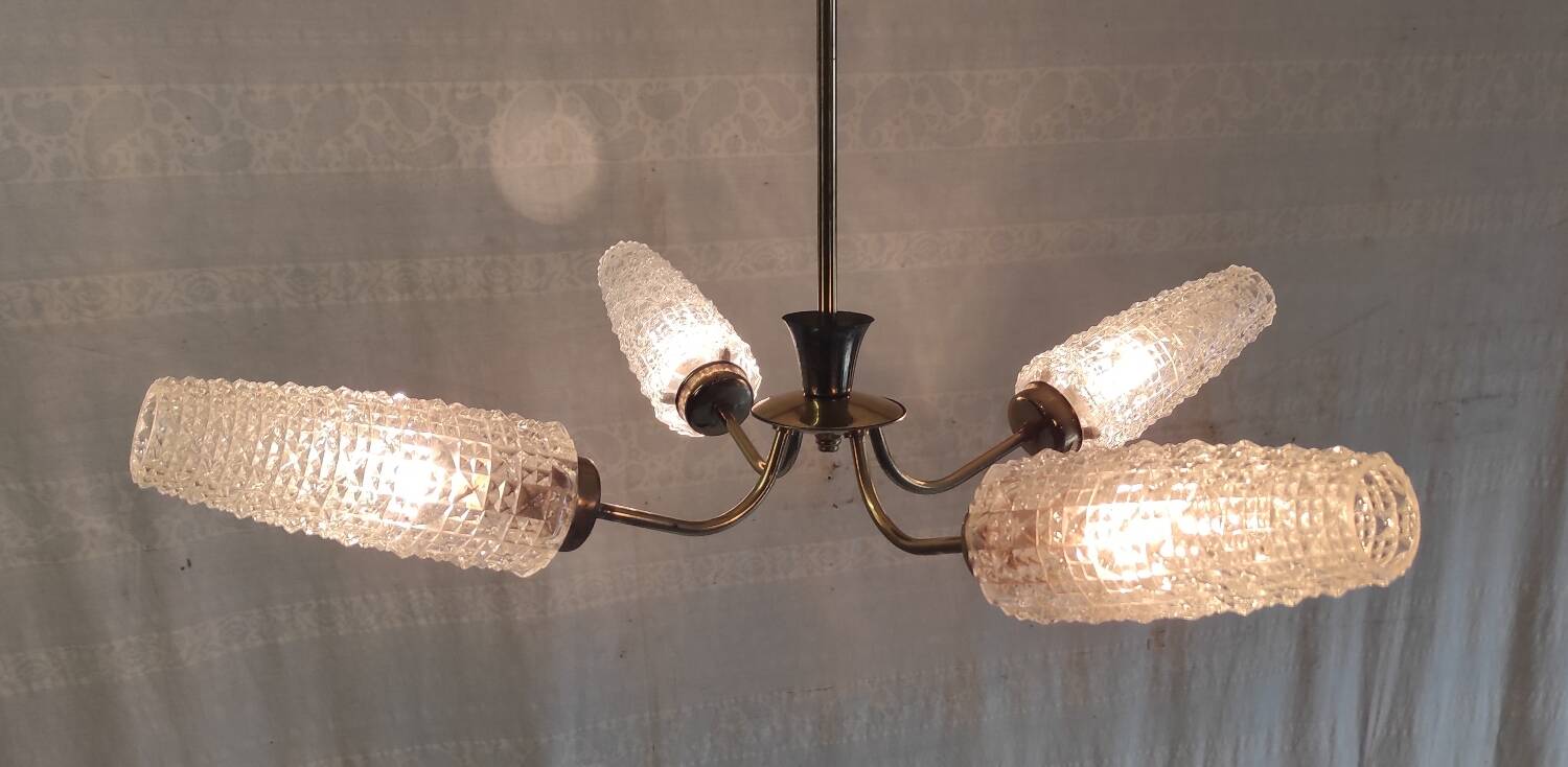 Brass chandelier with 4 lights and glass tulips - 1950s/60s