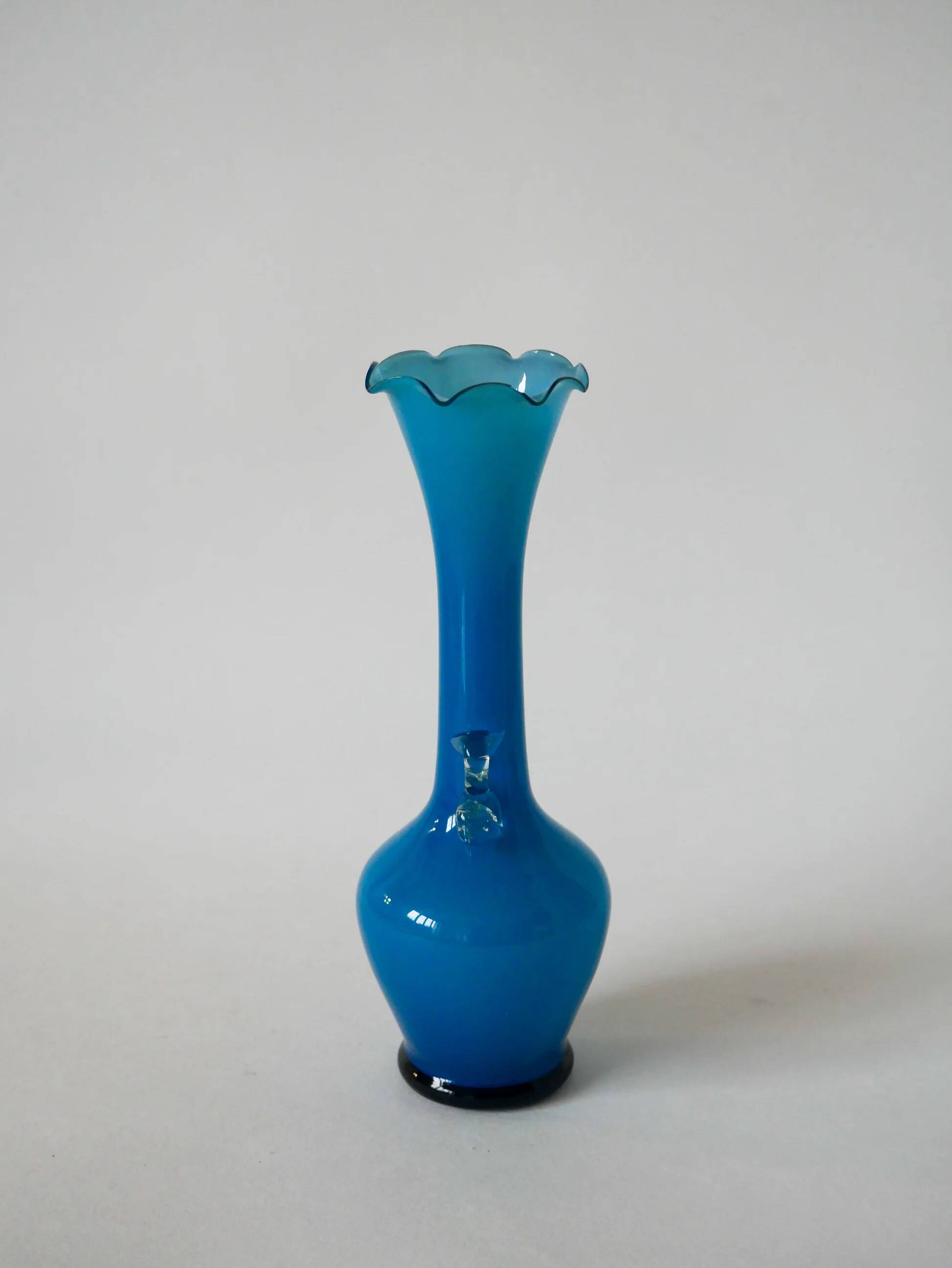 Sky blue opaline vase with scalloped edges and small handles, design from the 1960s.