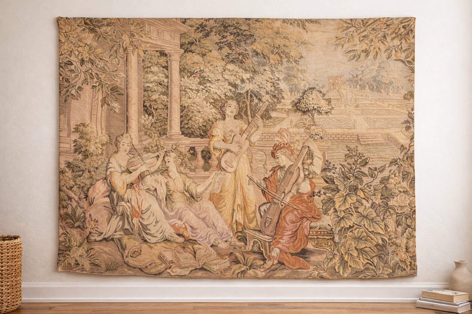 Large Aubusson-style wall tapestry with a musical scene.