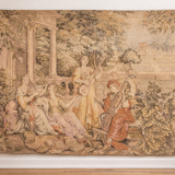 Large Aubusson-style wall tapestry with a musical scene.
