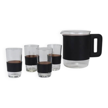 Carl Auböck Martini Set Black Leather Pitcher & Glasses, Austria, 1950s