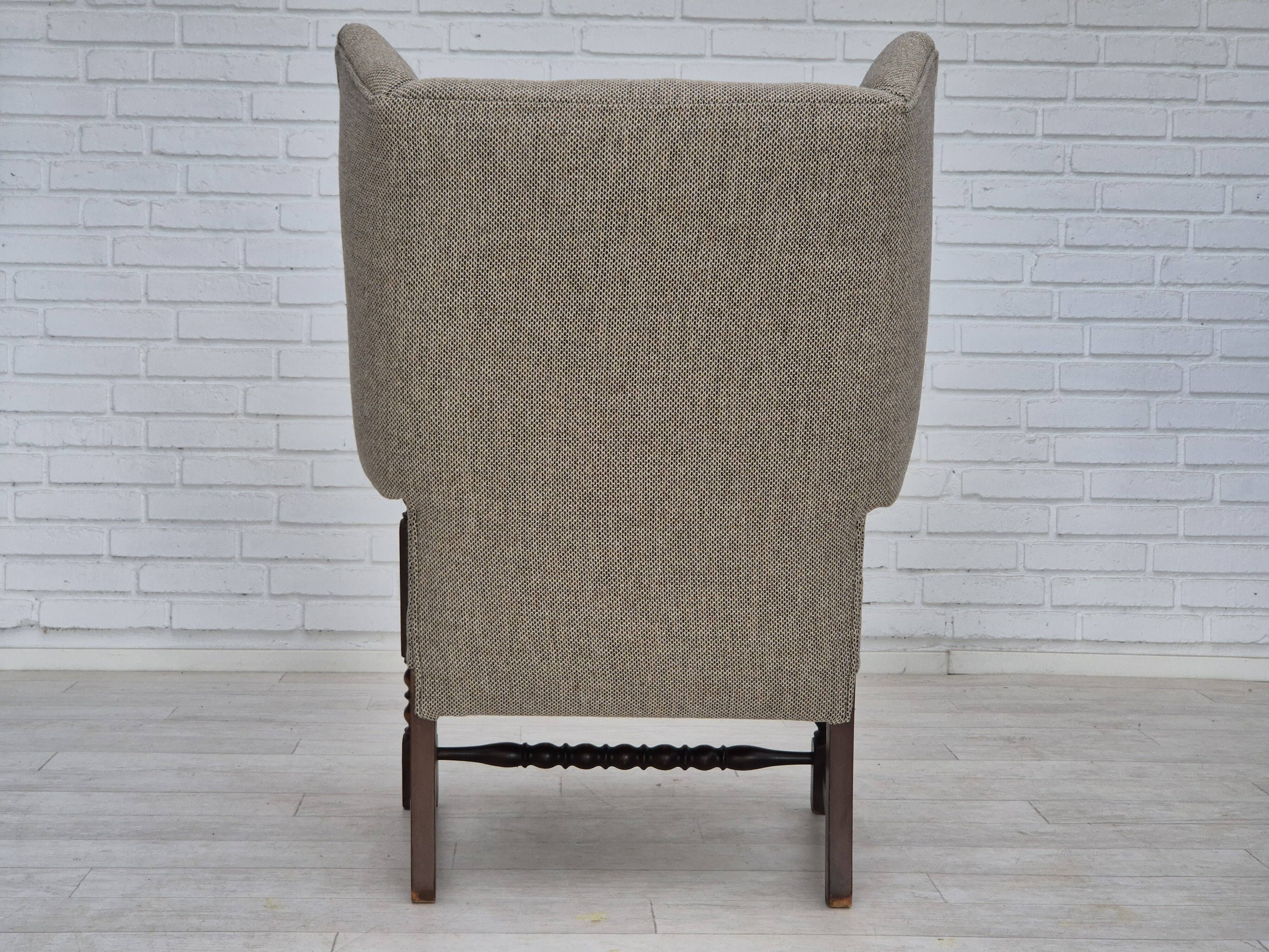 1960s, Scandinavian design, reupholstered high-back armchair, furniture wool, oak wood.