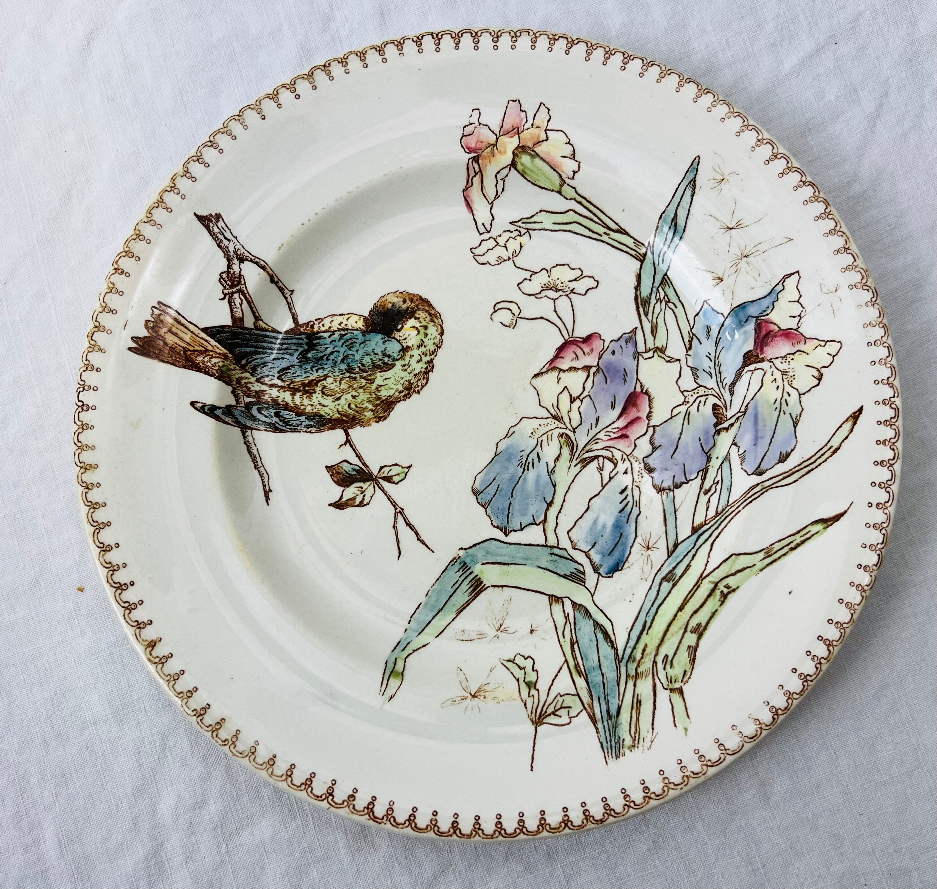 2 Art Nouveau polychrome plates signed Longwy Oiseau and Iris