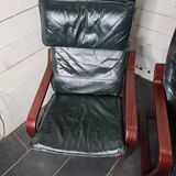 Pair of Scandinavian armchairs in leather and curved wood