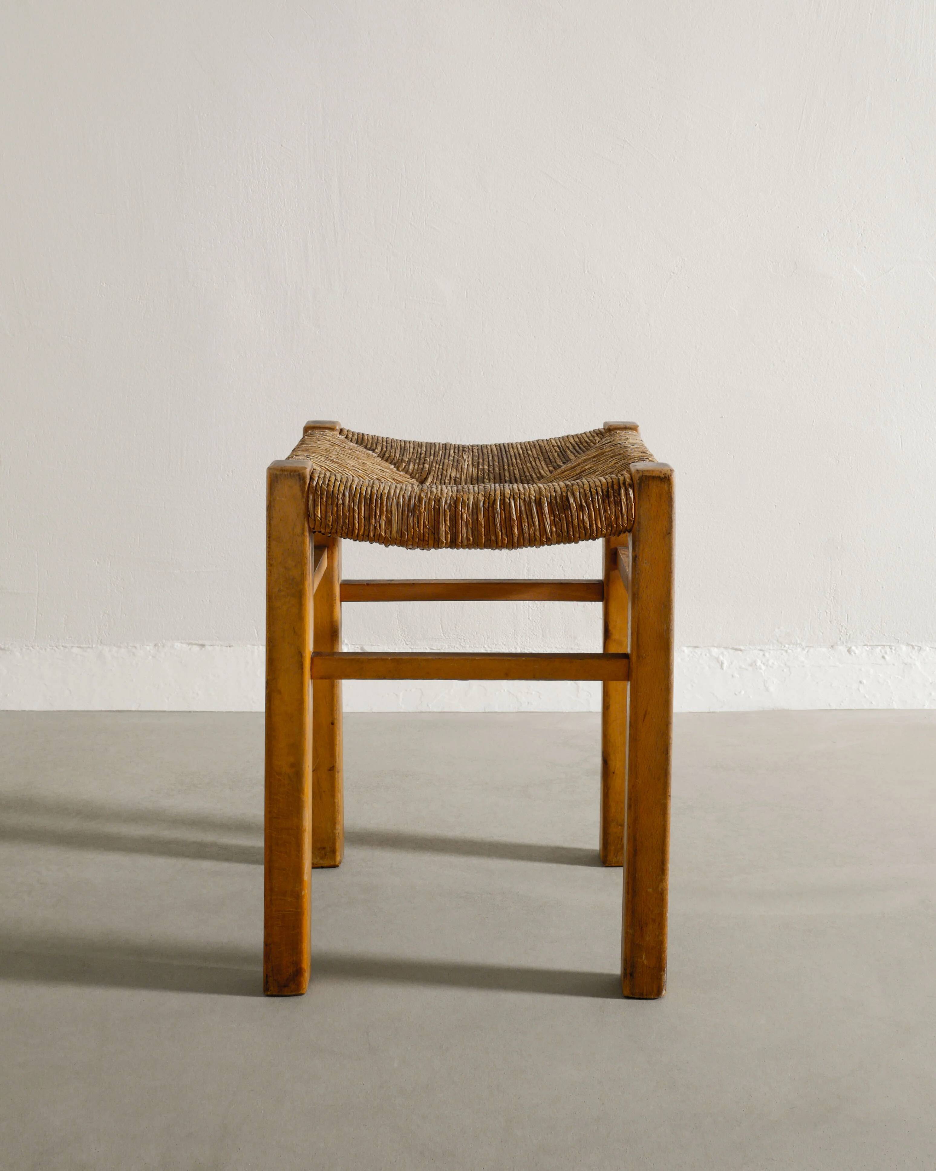 Vintage French Mid Century Wooden Four Legged Rattan Straw Stool, 1960s