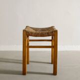 Vintage French Mid Century Wooden Four Legged Rattan Straw Stool, 1960s
