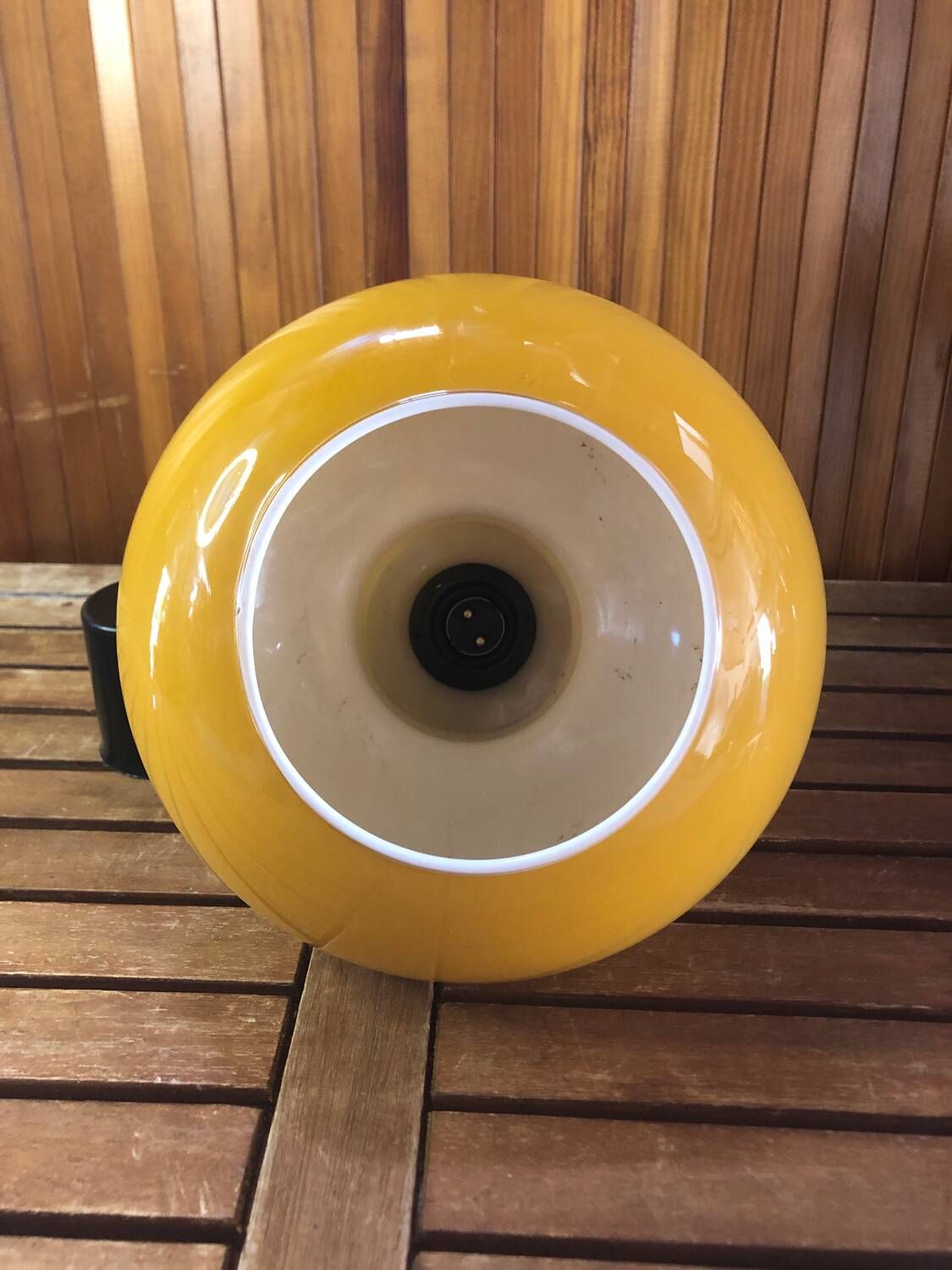 Old Yellow Opaline Pendant Light White Interior 1970s Vintage #A380