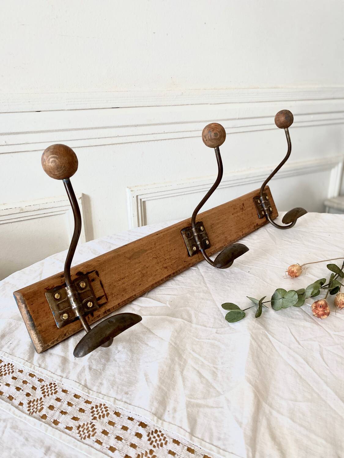 Vintage wood and metal coat hook 3 hooks