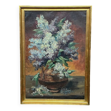 Peinture signée "Bouquet de lilas".