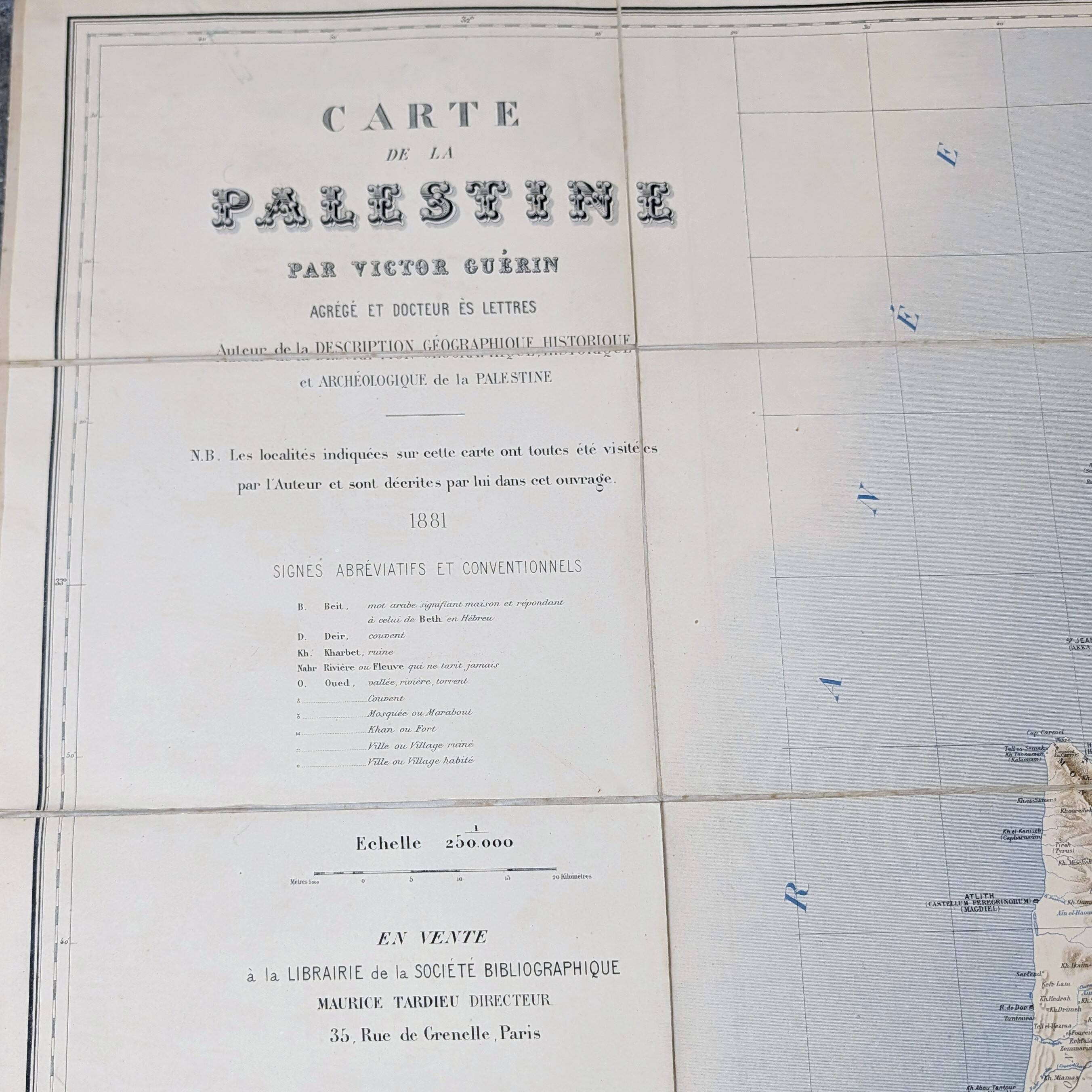 Canvas map of Palestine by Victor Guérin, 1881