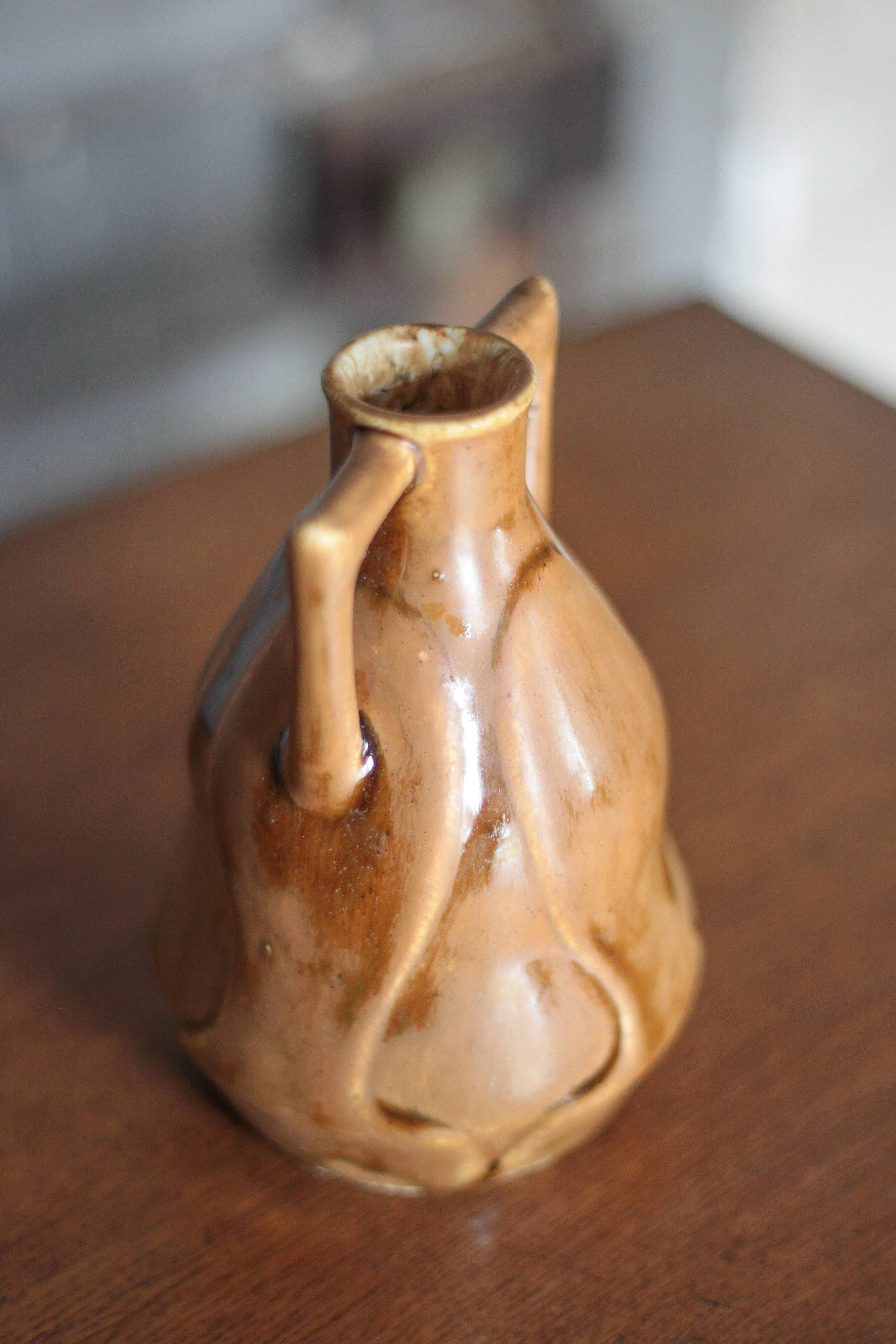 Vintage glazed ceramic vase, small vase with handles, interior decoration