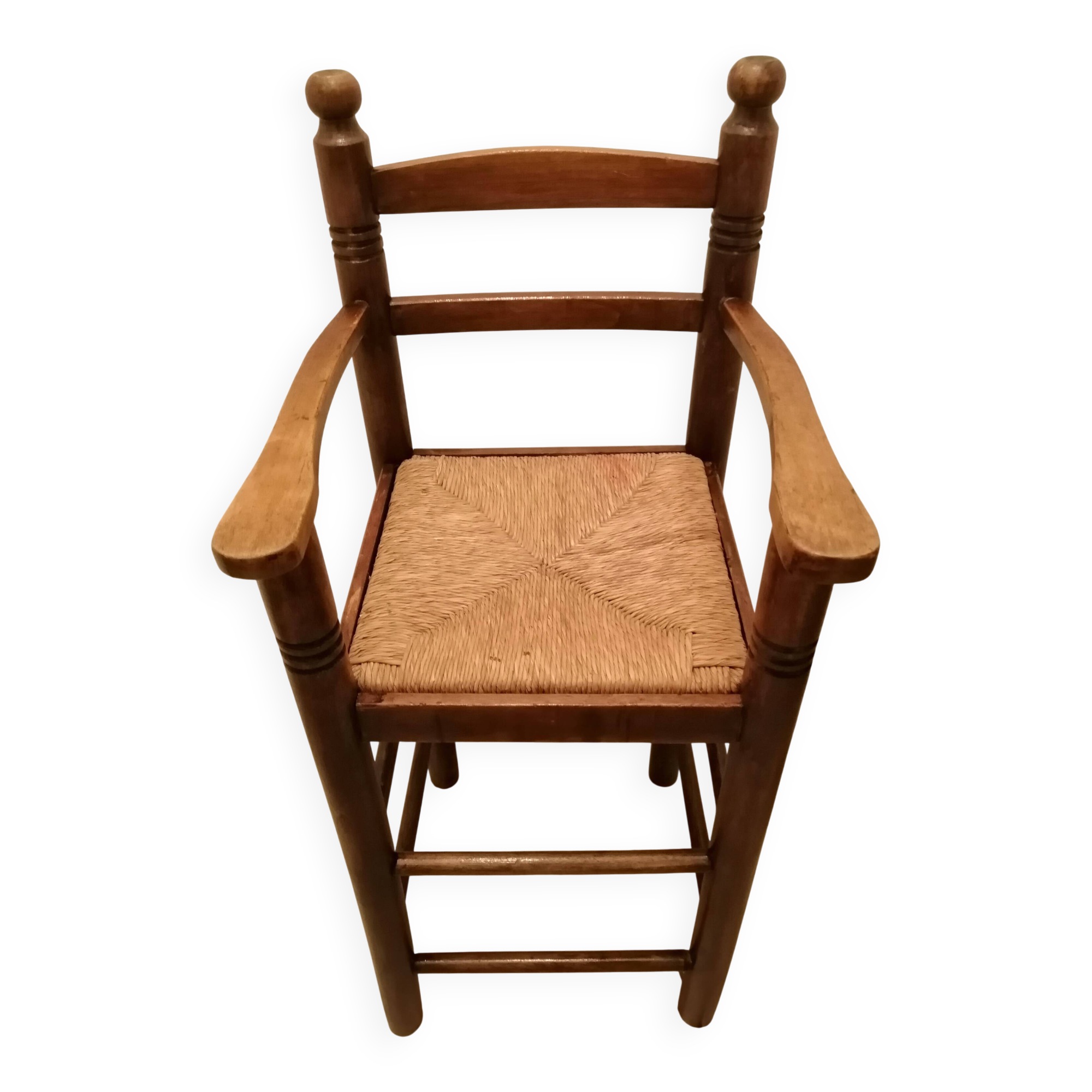 Chaise haute enfant vintage en bois et paille