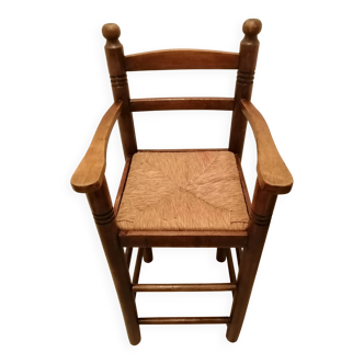 Chaise haute enfant vintage en bois et paille