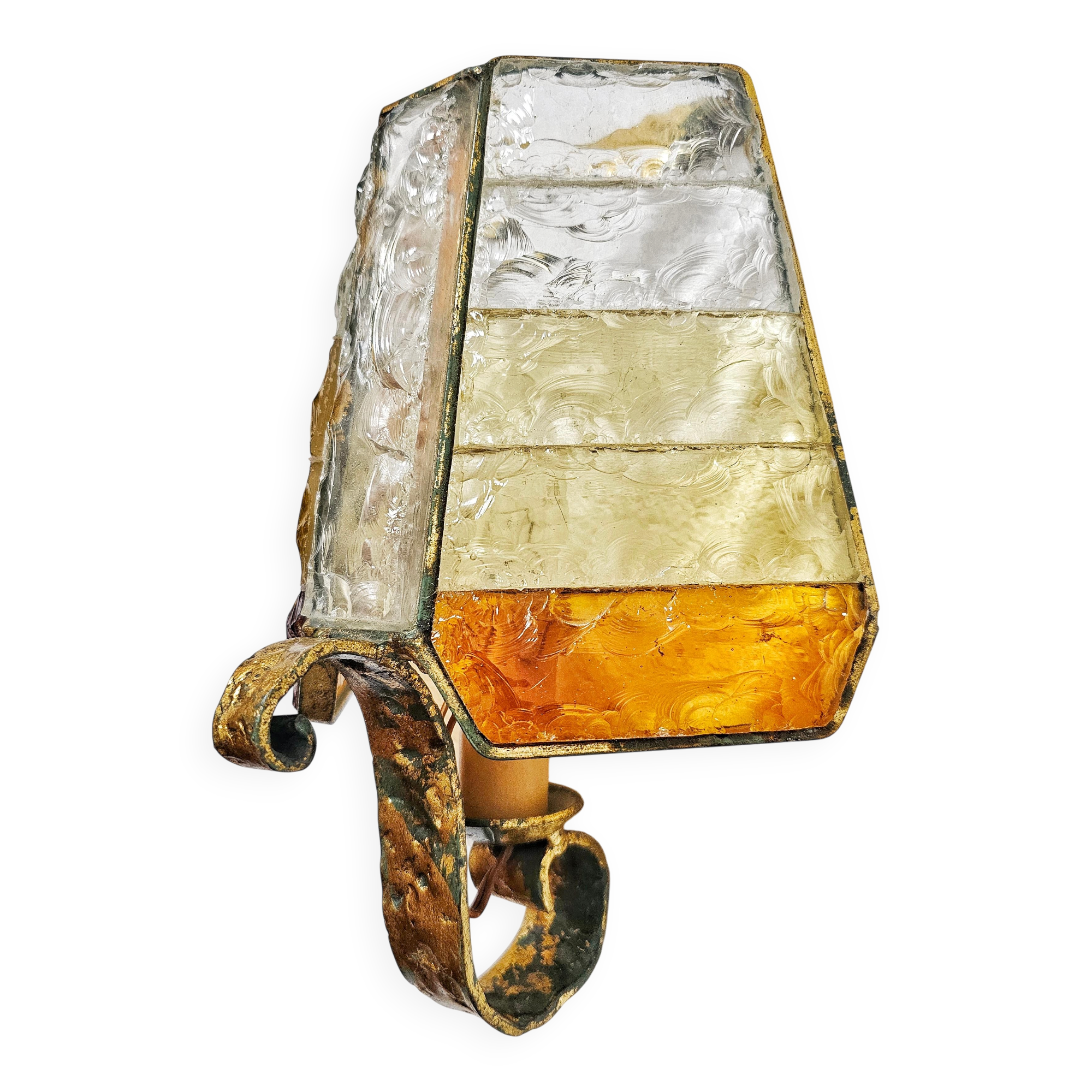 Brutalist pair of wall sconces in hammered glass by Longobard 1970.