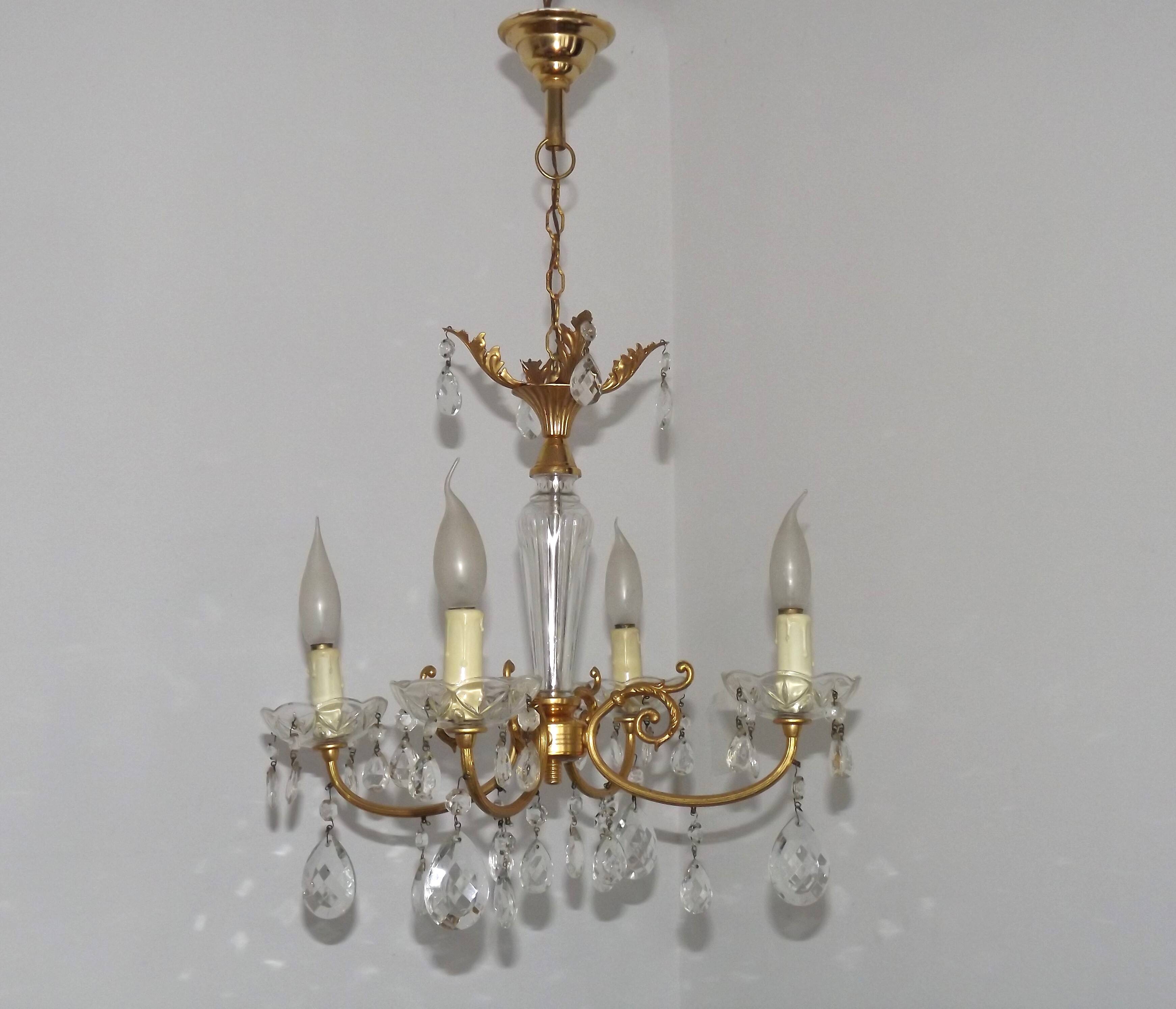 Mid-century brass, glass, and crystal chandelier with 4 lights 5099