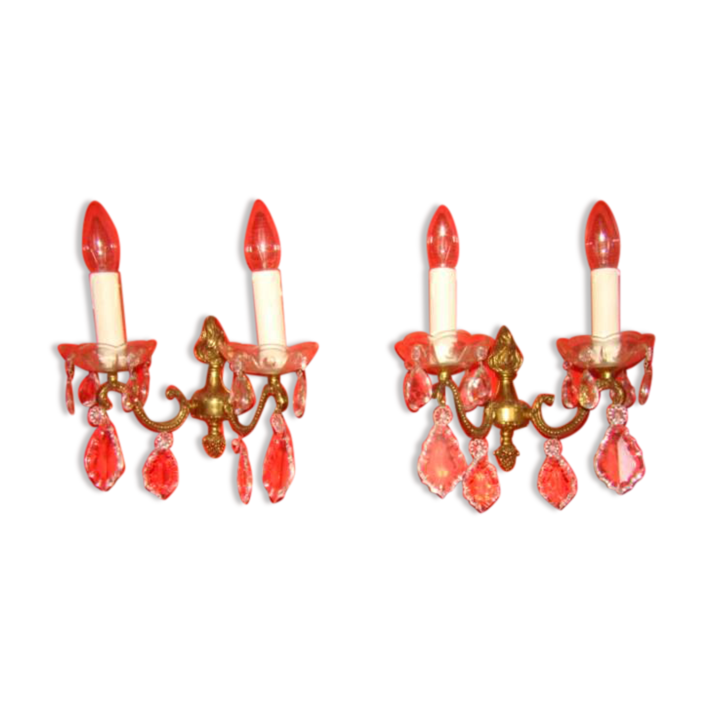 pair of bronze and crystal wall lights with 2 arms