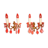 pair of bronze and crystal wall lights with 2 arms