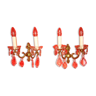 pair of bronze and crystal wall lights with 2 arms