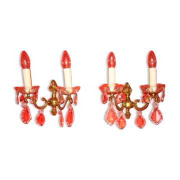 pair of bronze and crystal wall lights with 2 arms