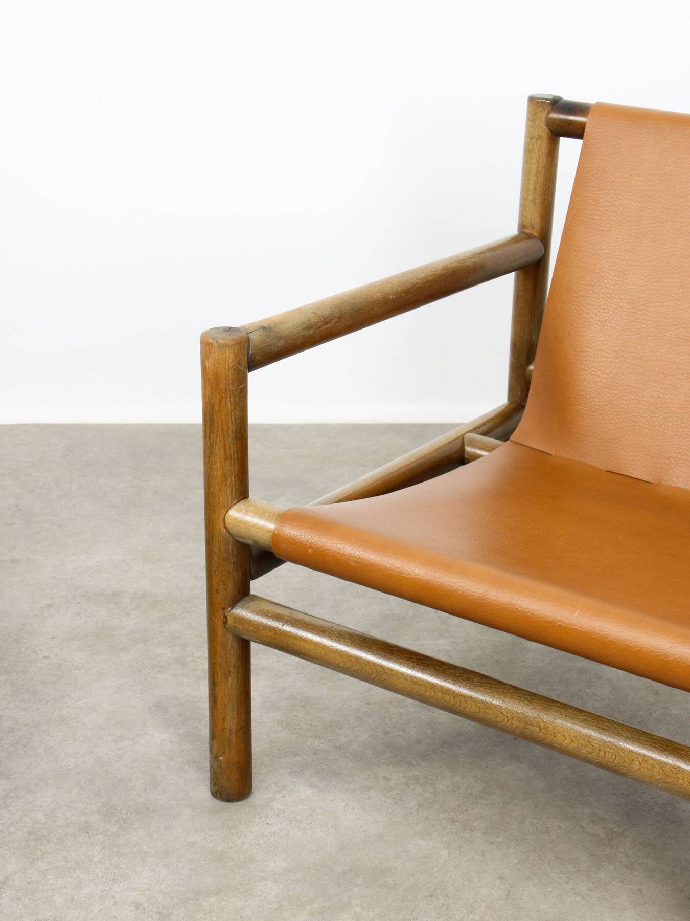 Mid-Century Scandinavian Armchair in Wood & Brown Leatherette, 60s