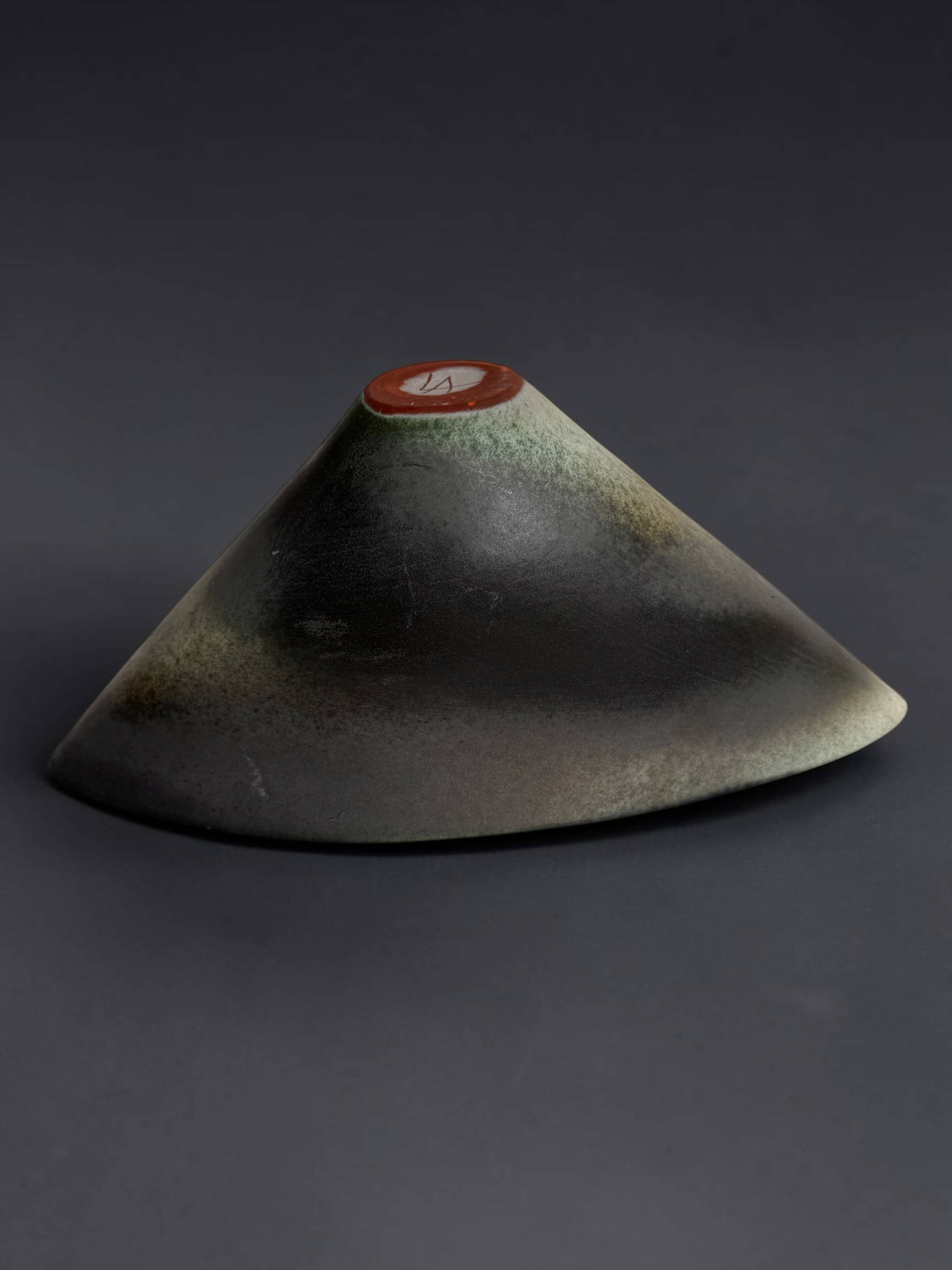 Antonio Lampecco shuttle vase, glazed grey-green ceramic, signed.