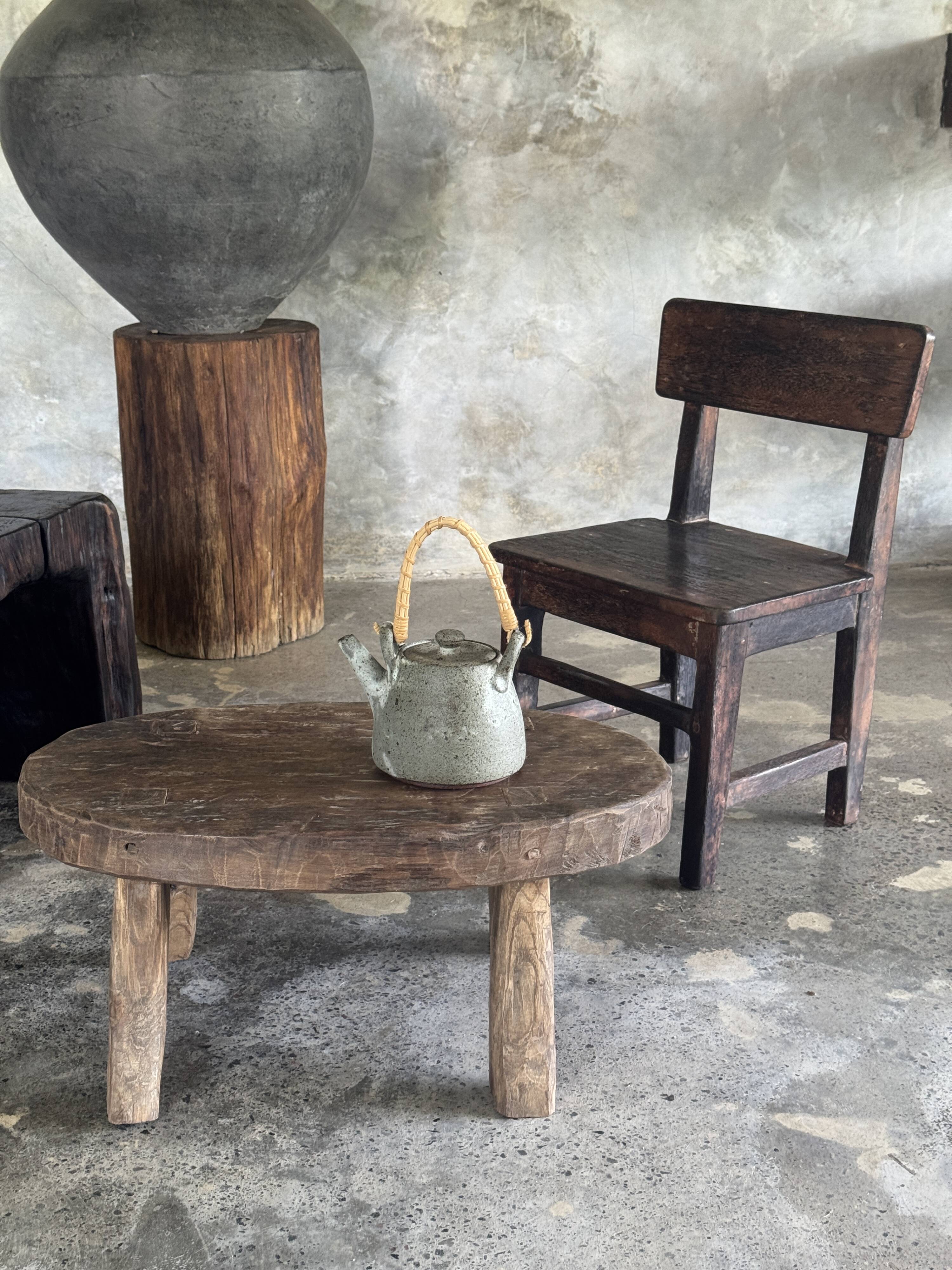 Small stool or small oval side table in solid teak wabi-sabi H24 53