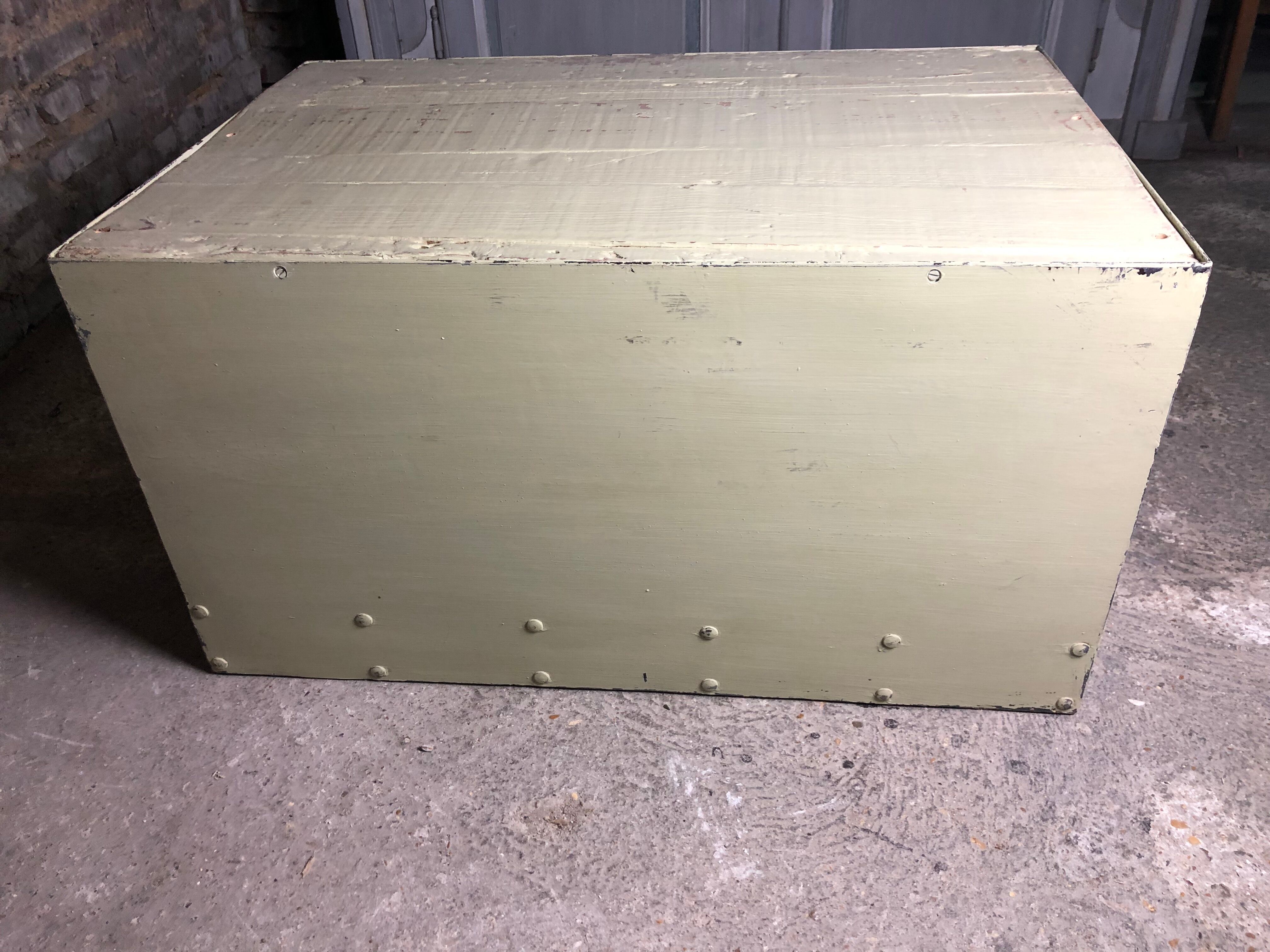 Storage / coffee table in wood and pastel green iron patina