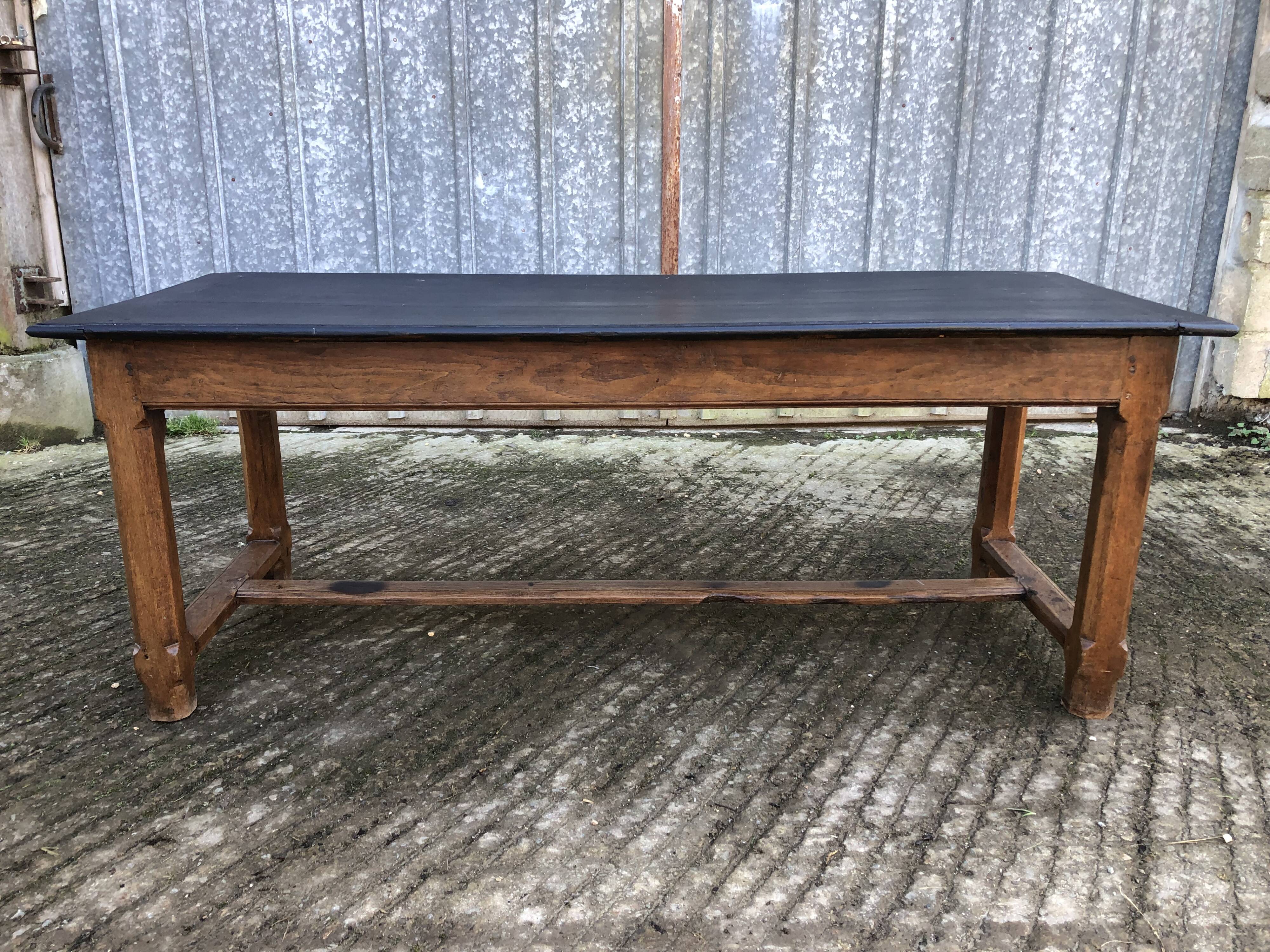 Antique oak farmhouse table with cat bar and 2 end drawers