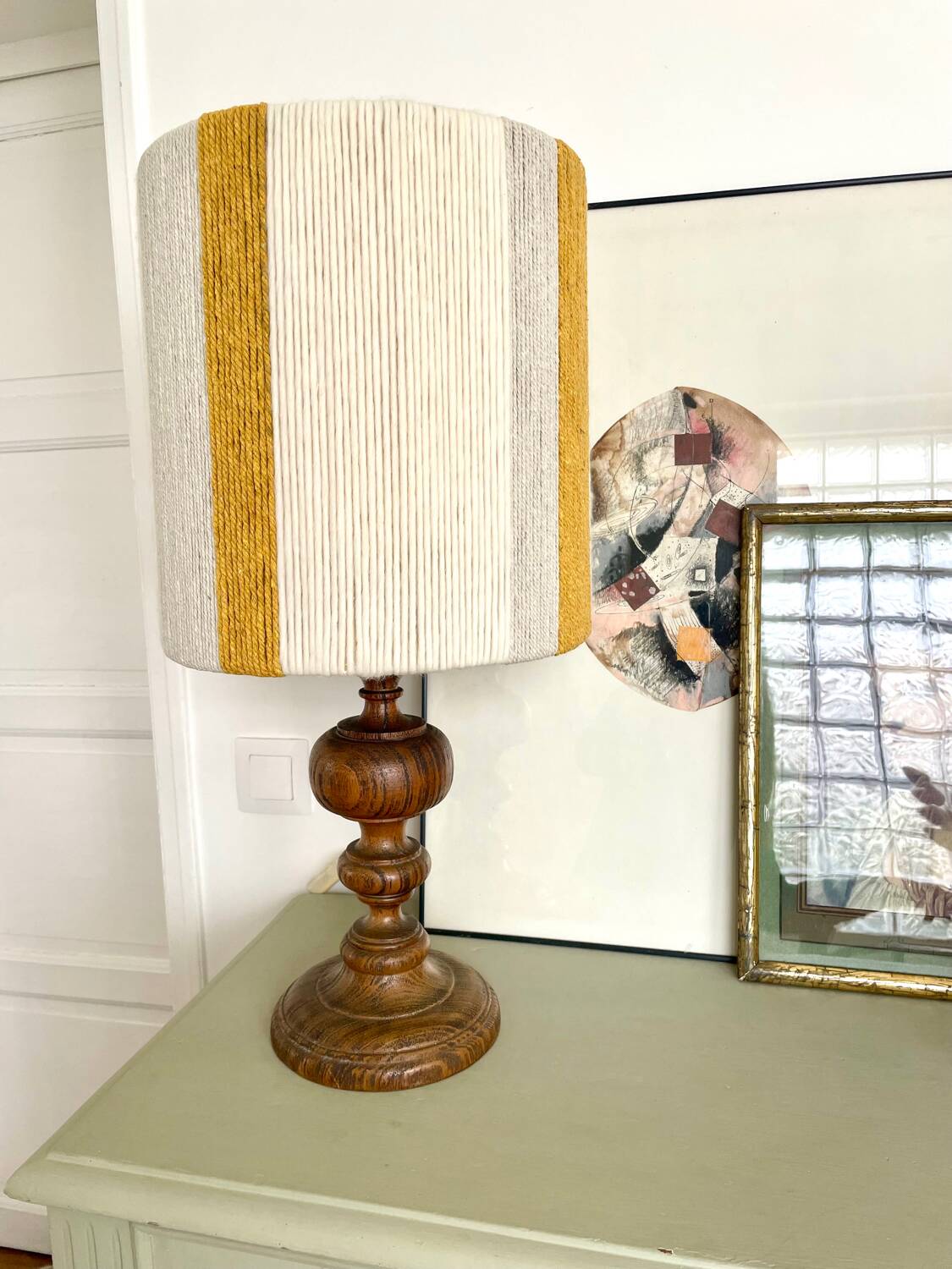 Large vintage lamp with turned wooden base, wool and rope striped lampshade