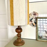 Large vintage lamp with turned wooden base, wool and rope striped lampshade