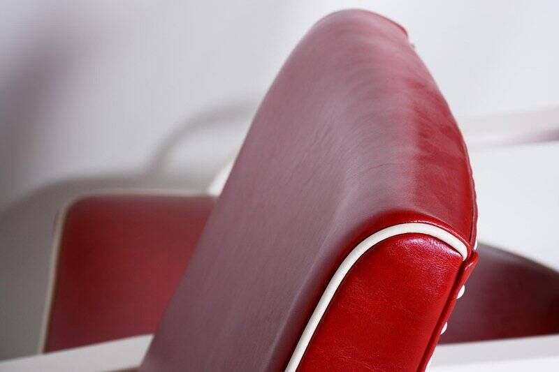 Mid-Century Red Leather and Beech Armchairs, Czechia, 1950s, Set of 2
