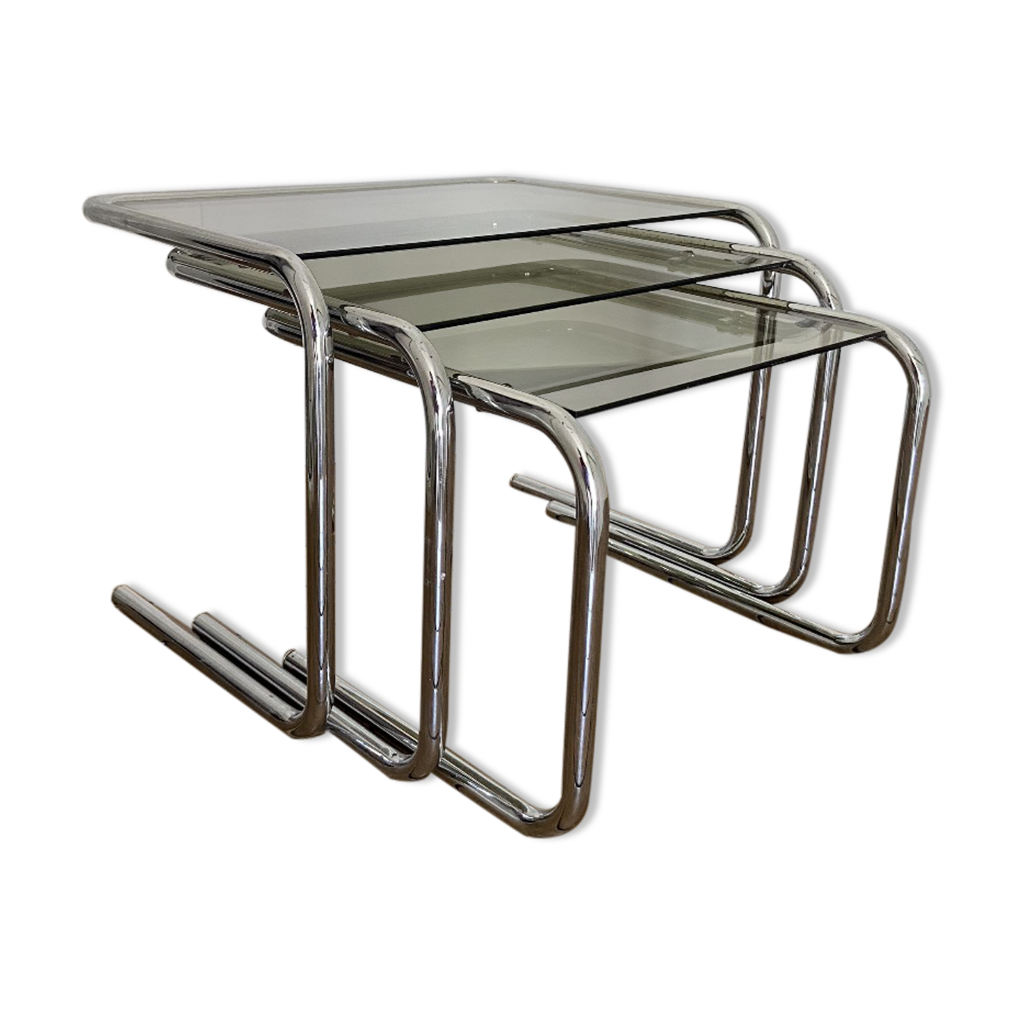 Vintage chrome trundle tables and smoked glasses 1970