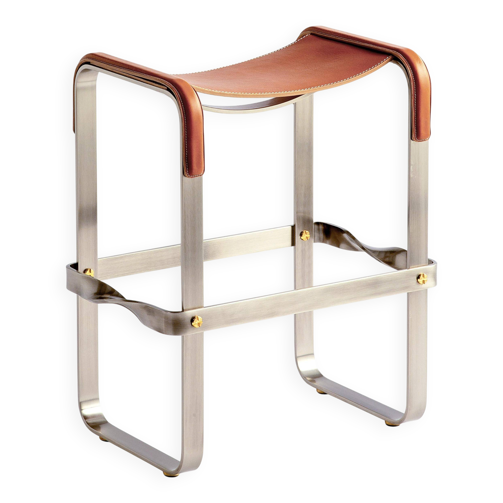 Contemporary bar stool in aged silver steel and natural tobacco leather.