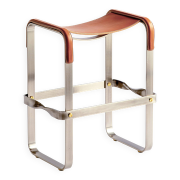 Contemporary bar stool in aged silver steel and natural tobacco leather.